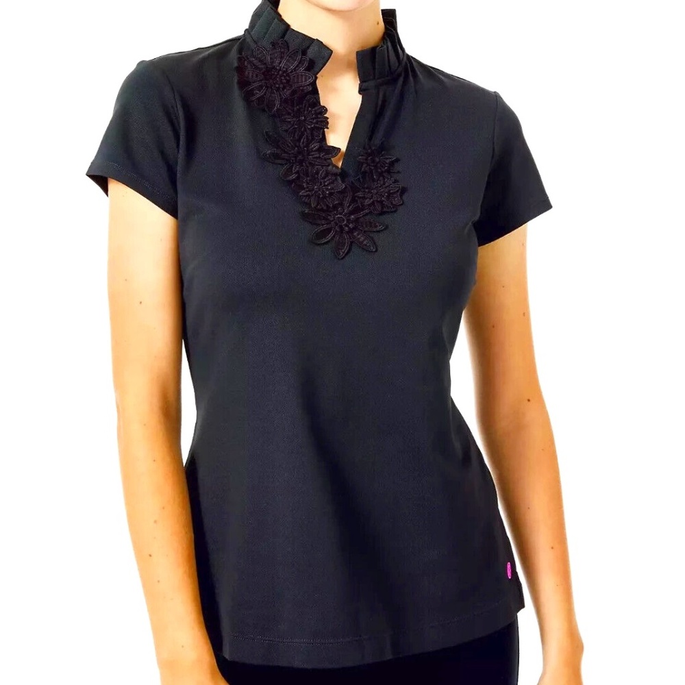 Lilly Pulitzer Luxletic Frida‎ Flower Onyx Polo Short Sleeve Top XXS